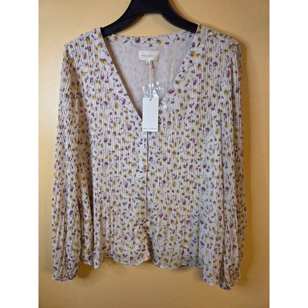 Melloday Women Floral Plisse Pleated V-Neck Blouse Cream Purple Yellow Large NWT